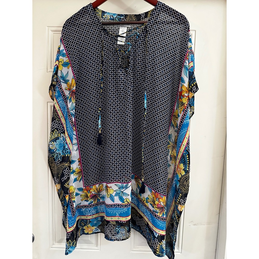 Tommy Bahama Floral Paisley Kaftan Cover-Up Dress S/M Tassel Tie Chiffon